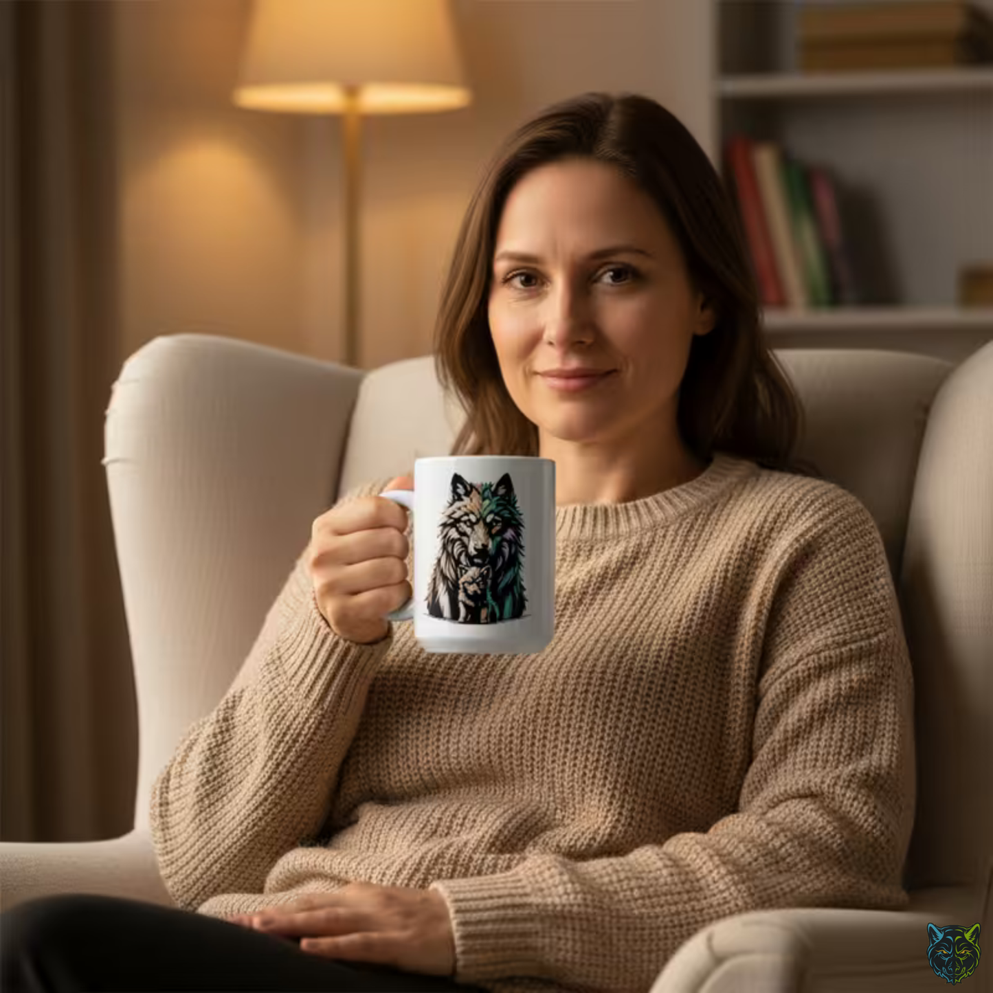 Wolf Coffee Mug Colorful Wolf and Pup White Ceramic Coffee Mug 15oz Animal Gift by Lair Gadgets