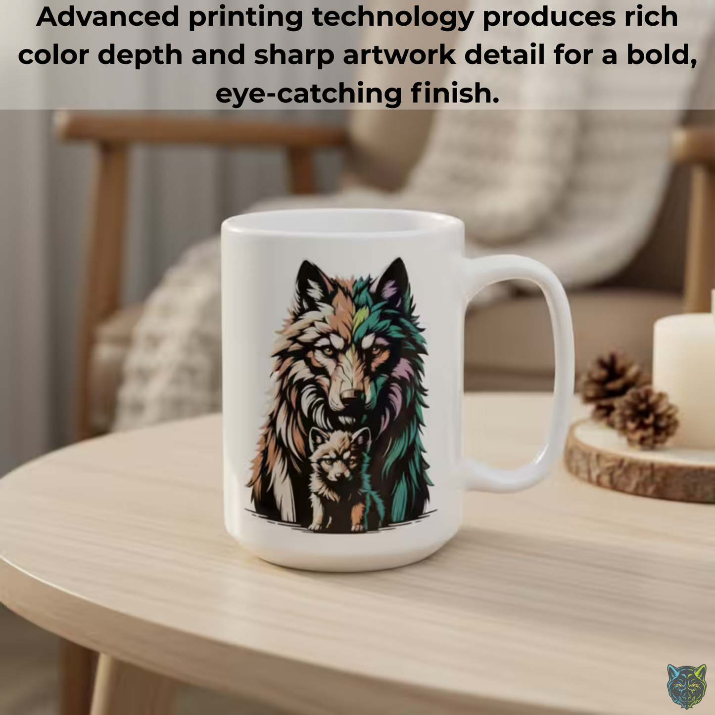 Wolf Coffee Mug Colorful Wolf and Pup White Ceramic Coffee Mug 15oz Animal Gift by Lair Gadgets