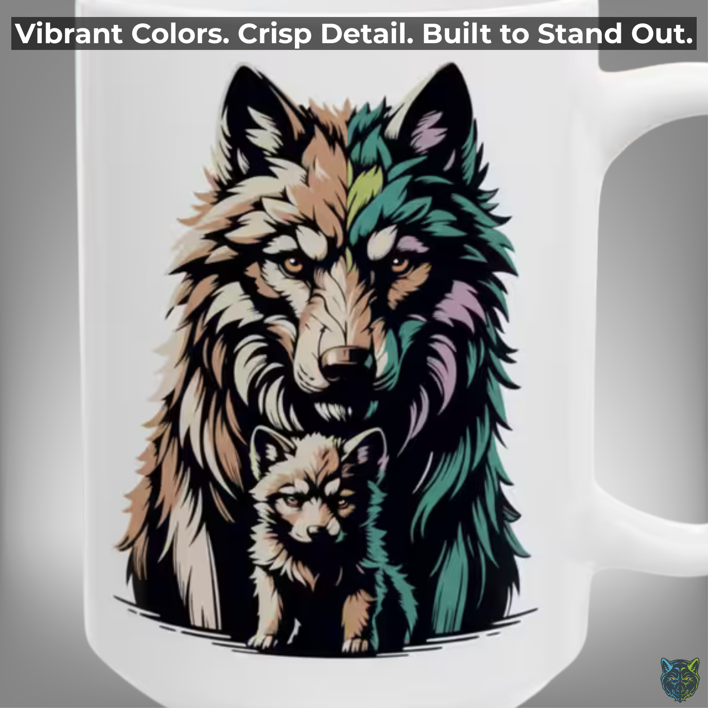 Wolf Coffee Mug Colorful Wolf and Pup White Ceramic Coffee Mug 15oz Animal Gift by Lair Gadgets