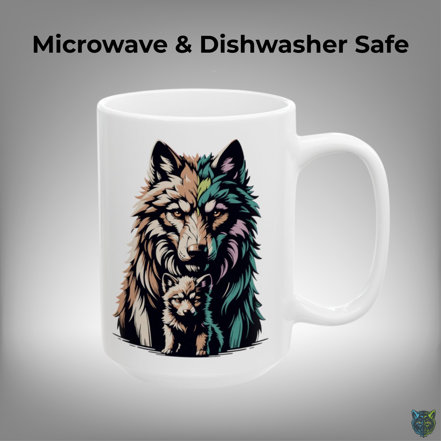 Wolf Coffee Mug Colorful Wolf and Pup White Ceramic Coffee Mug 15oz Animal Gift by Lair Gadgets