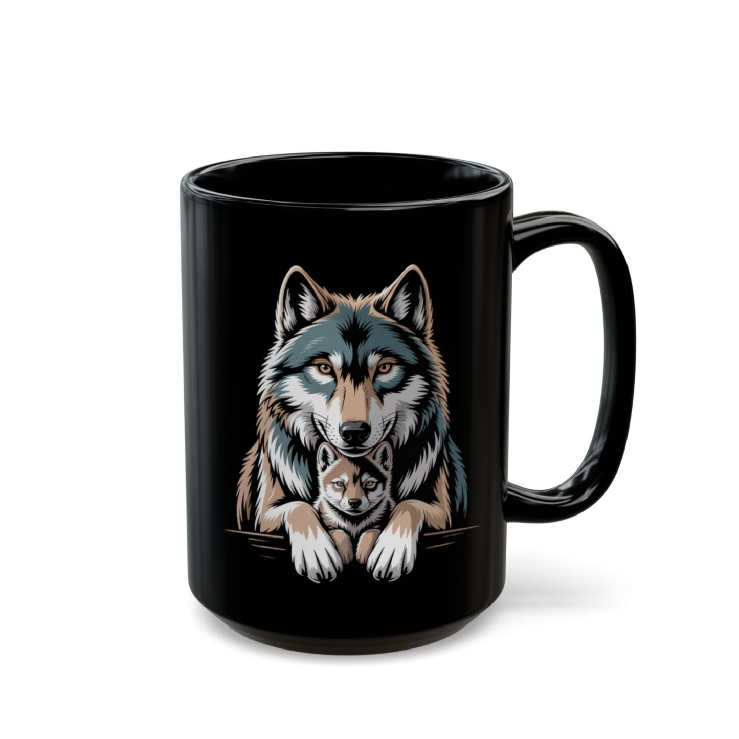 Wolf Coffee Mug Family Wolf and Pup Black Ceramic Coffee Mug 15oz Animal Gift by Lair Gadgets