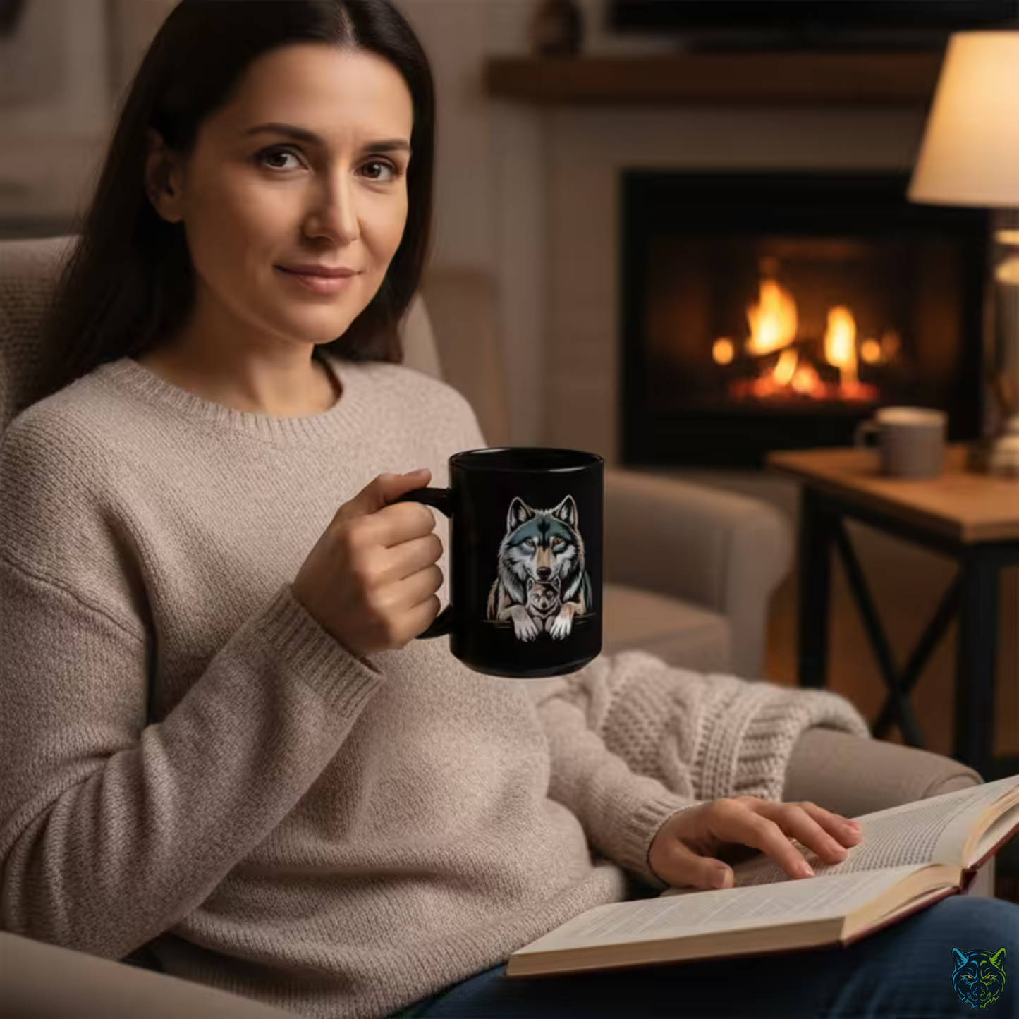 Wolf Coffee Mug Family Wolf and Pup Black Ceramic Coffee Mug 15oz Animal Gift by Lair Gadgets