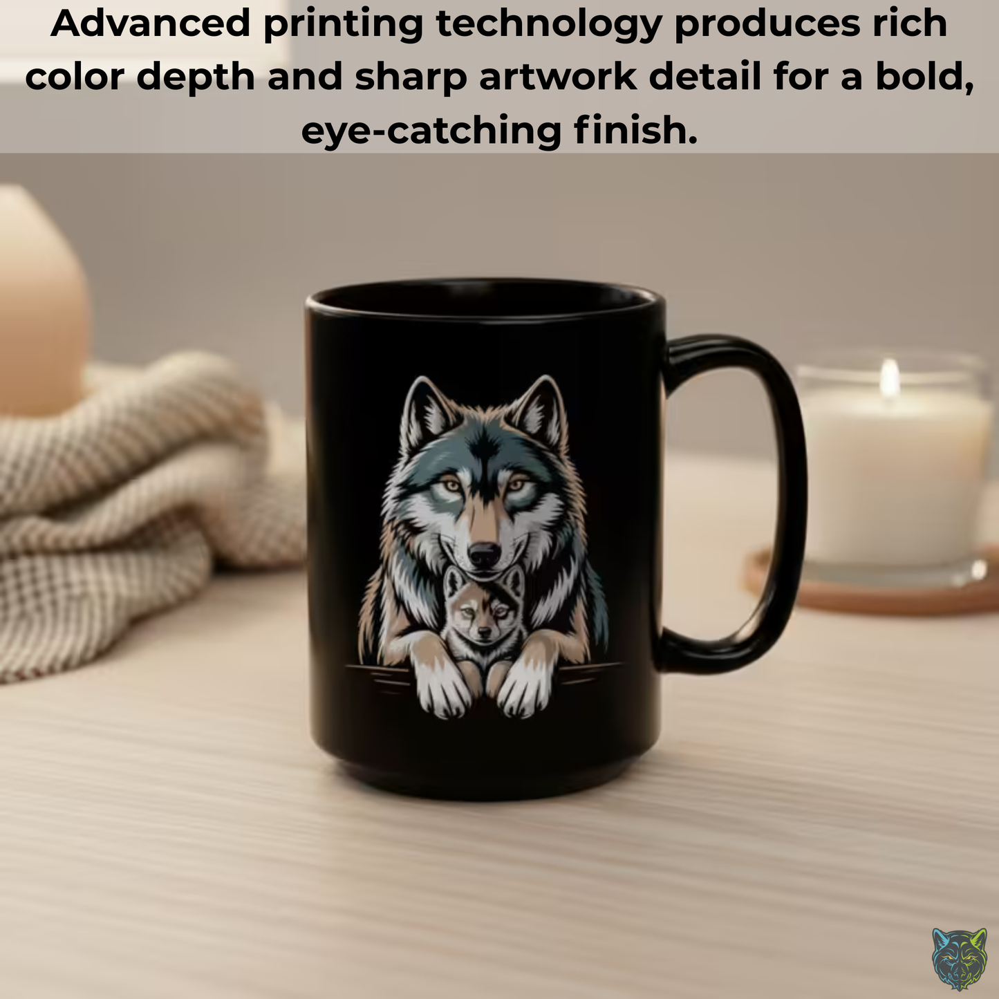 Wolf Coffee Mug Family Wolf and Pup Black Ceramic Coffee Mug 15oz Animal Gift by Lair Gadgets