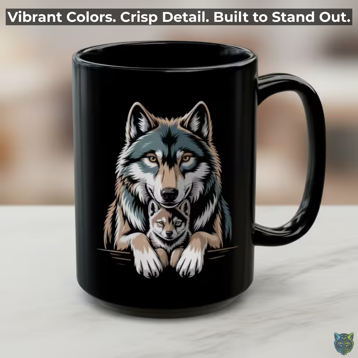 Wolf Coffee Mug Family Wolf and Pup Black Ceramic Coffee Mug 15oz Animal Gift by Lair Gadgets