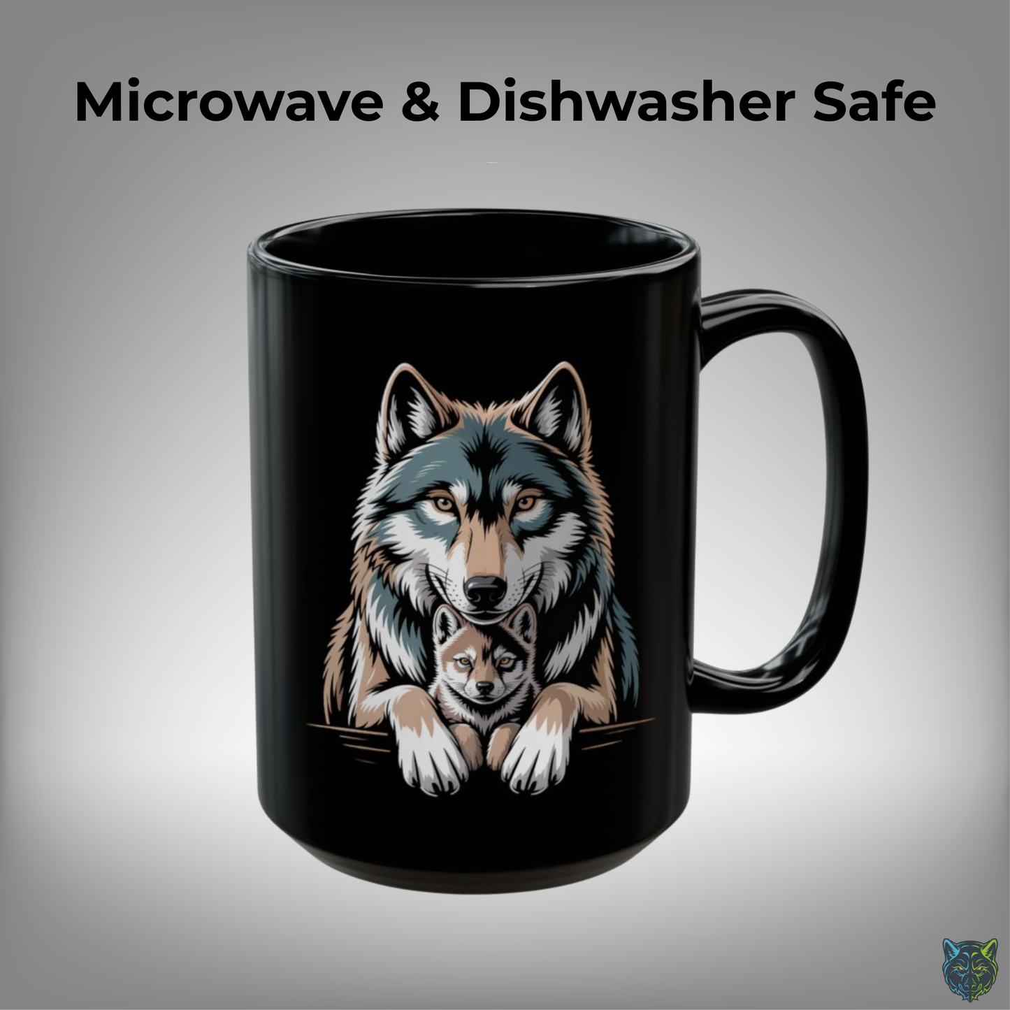 Wolf Coffee Mug Family Wolf and Pup Black Ceramic Coffee Mug 15oz Animal Gift by Lair Gadgets