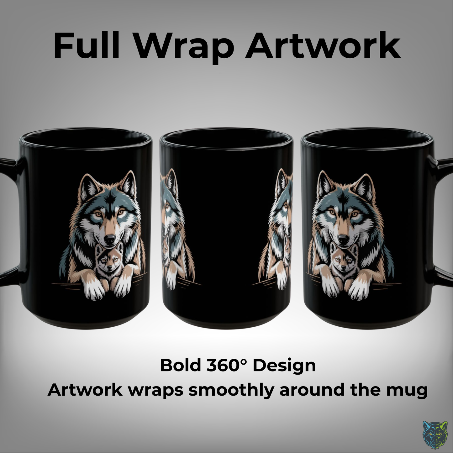 Wolf Coffee Mug Family Wolf and Pup Black Ceramic Coffee Mug 15oz Animal Gift by Lair Gadgets