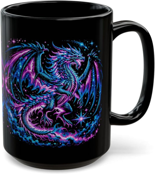 Dragon Coffee Mug Cosmic Fantasy Dragon Design Black Ceramic 15oz