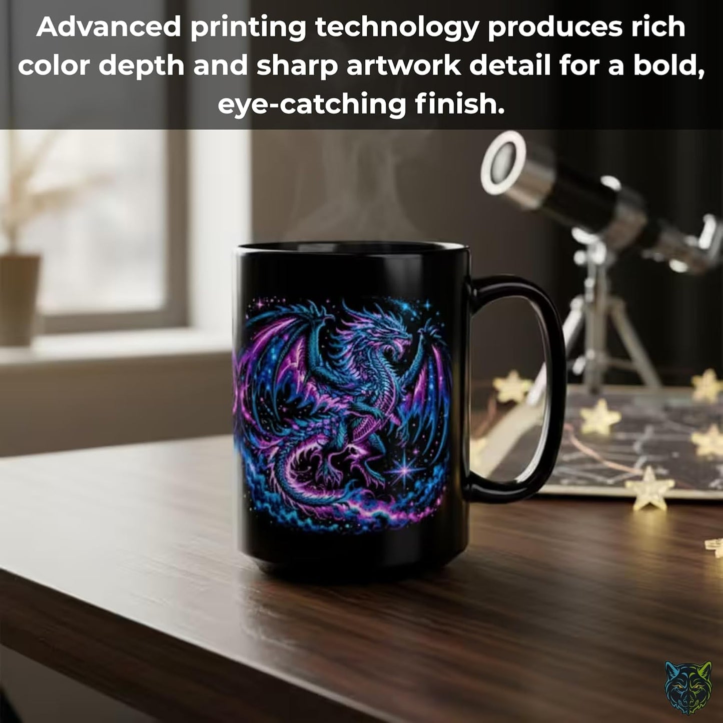 Dragon Coffee Mug Cosmic Fantasy Dragon Design Black Ceramic 15oz