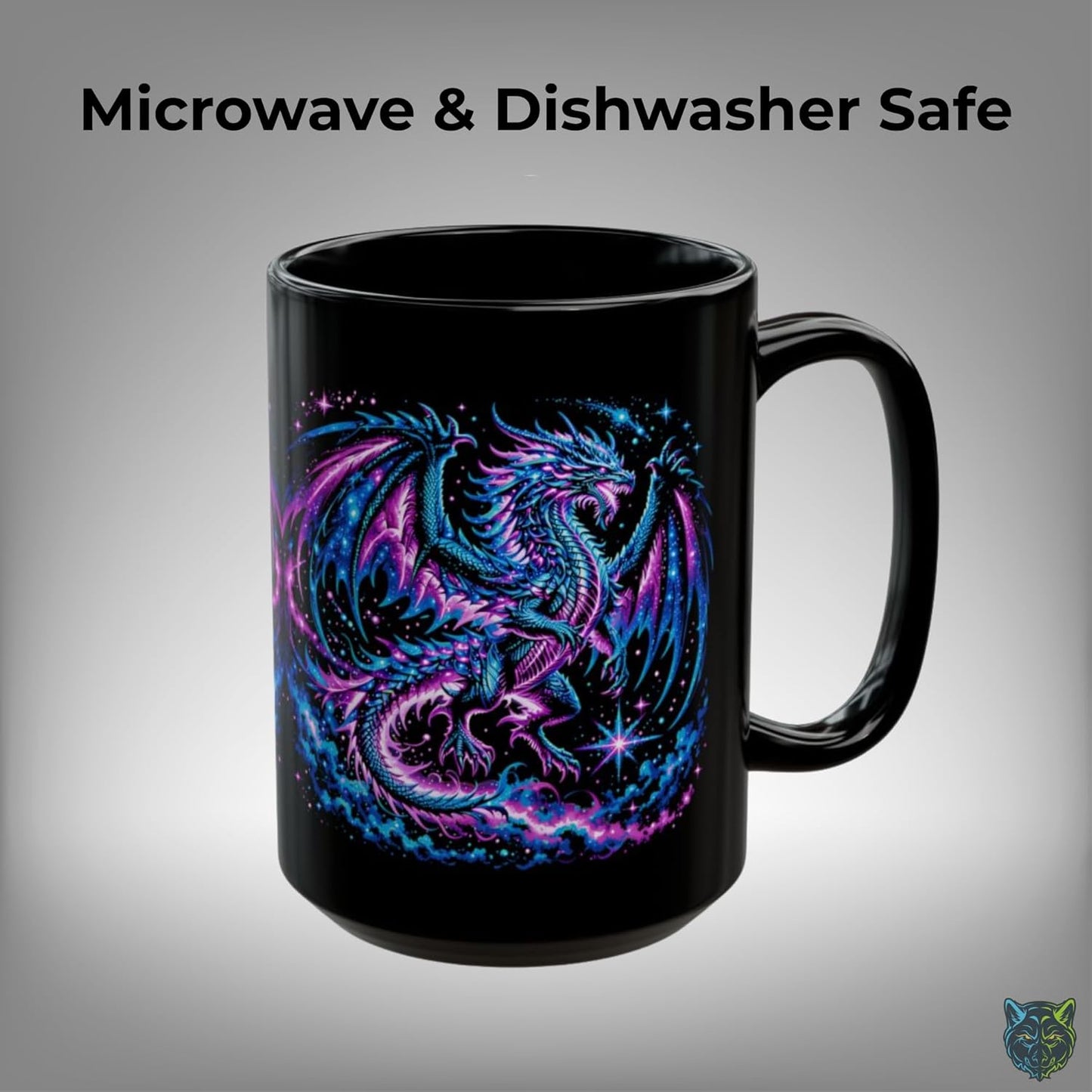Dragon Coffee Mug Cosmic Fantasy Dragon Design Black Ceramic 15oz