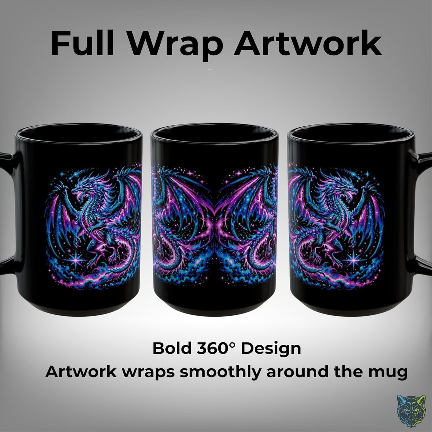 Dragon Coffee Mug Cosmic Fantasy Dragon Design Black Ceramic 15oz