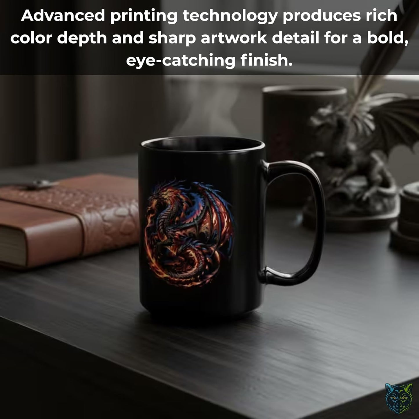 Dragon Coffee Mug Fire Dragon Fantasy Design Black Ceramic 15oz Coffee Mug