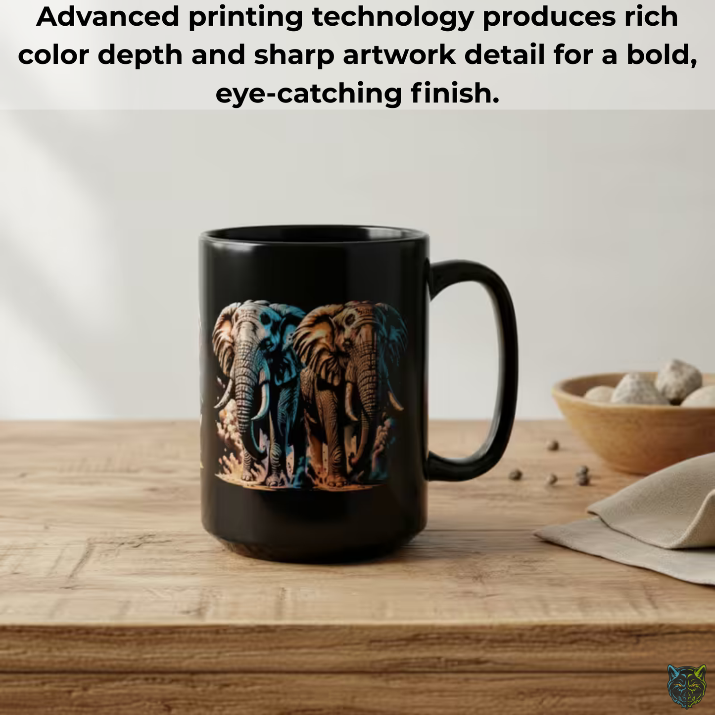 Elephant Coffee Mug Wildlife Design Black Ceramic 15oz Animal Lover Gift by Lair Gadgets