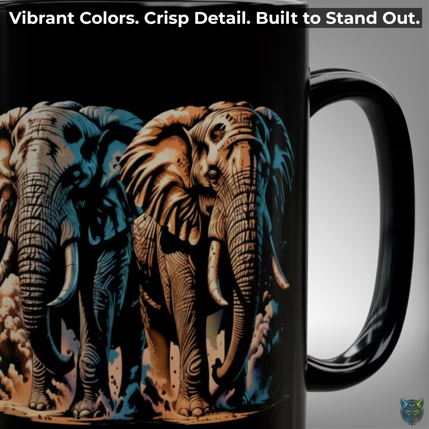 Elephant Coffee Mug Wildlife Design Black Ceramic 15oz Animal Lover Gift by Lair Gadgets