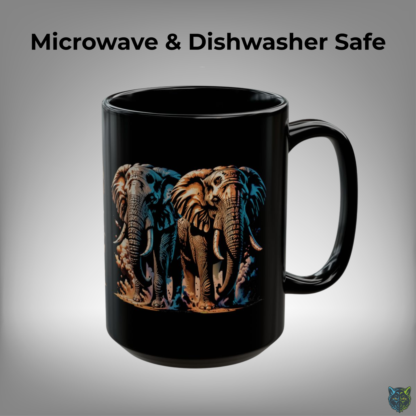 Elephant Coffee Mug Wildlife Design Black Ceramic 15oz Animal Lover Gift by Lair Gadgets