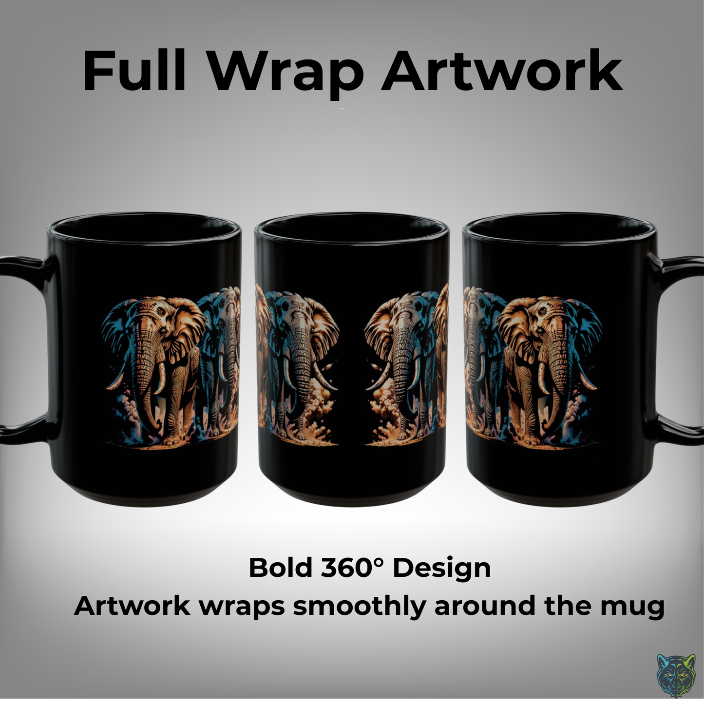Elephant Coffee Mug Wildlife Design Black Ceramic 15oz Animal Lover Gift by Lair Gadgets