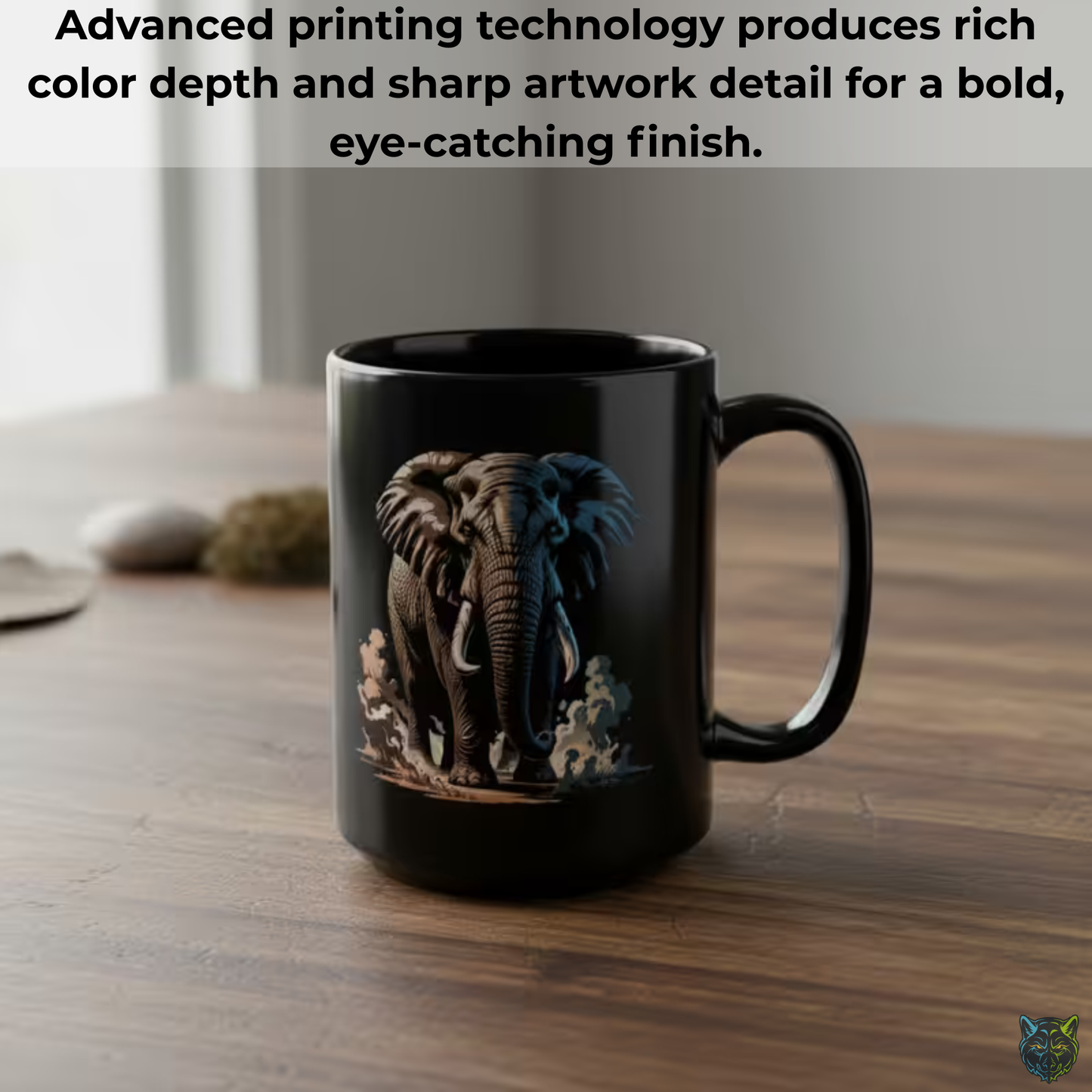 Elephant Coffee Mug Safari Wildlife Design Black Ceramic 15oz Animal Lover Gift by Lair Gadgets