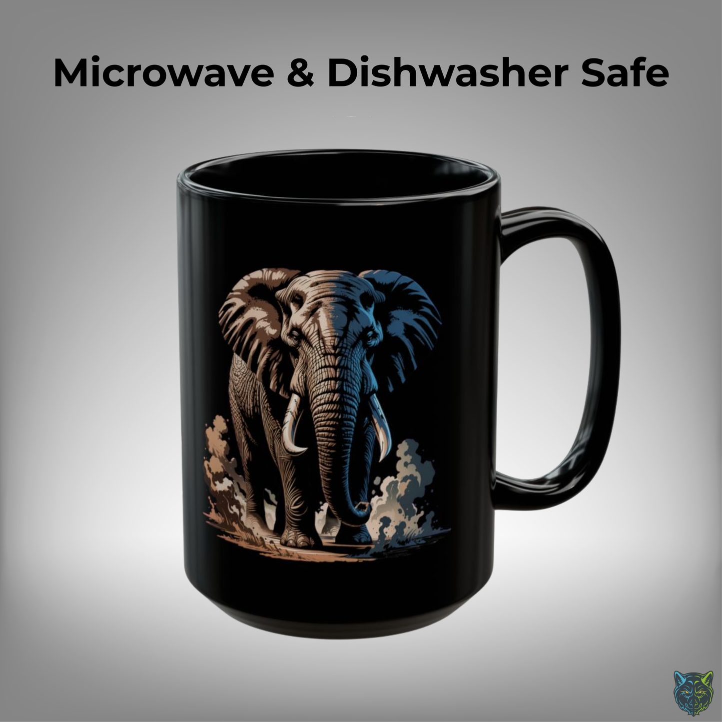 Elephant Coffee Mug Safari Wildlife Design Black Ceramic 15oz Animal Lover Gift by Lair Gadgets