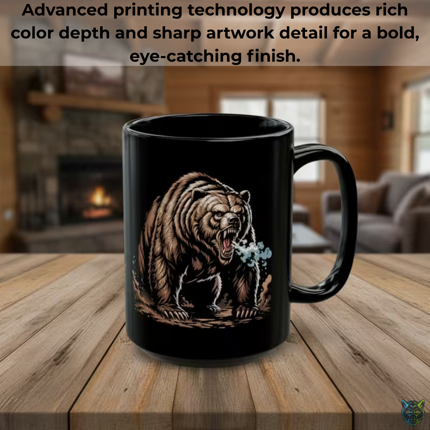 Bear Coffee Mug Roaring Wildlife Design Black Ceramic 15oz Animal Lover Gift by Lair Gadgets