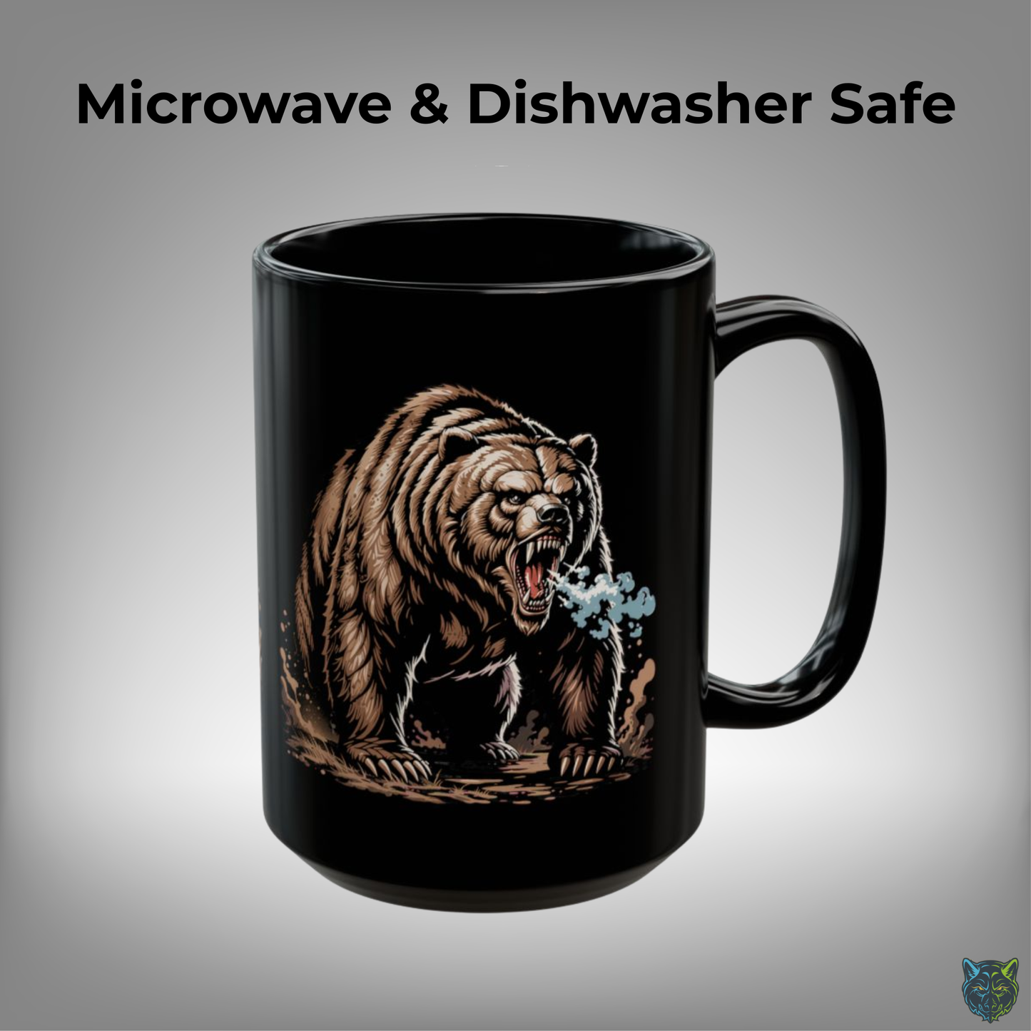 Bear Coffee Mug Roaring Wildlife Design Black Ceramic 15oz Animal Lover Gift by Lair Gadgets