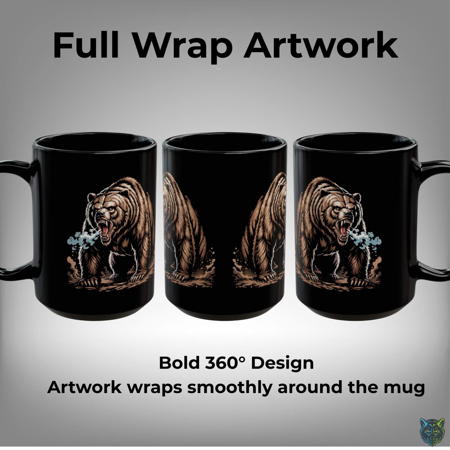 Bear Coffee Mug Roaring Wildlife Design Black Ceramic 15oz Animal Lover Gift by Lair Gadgets