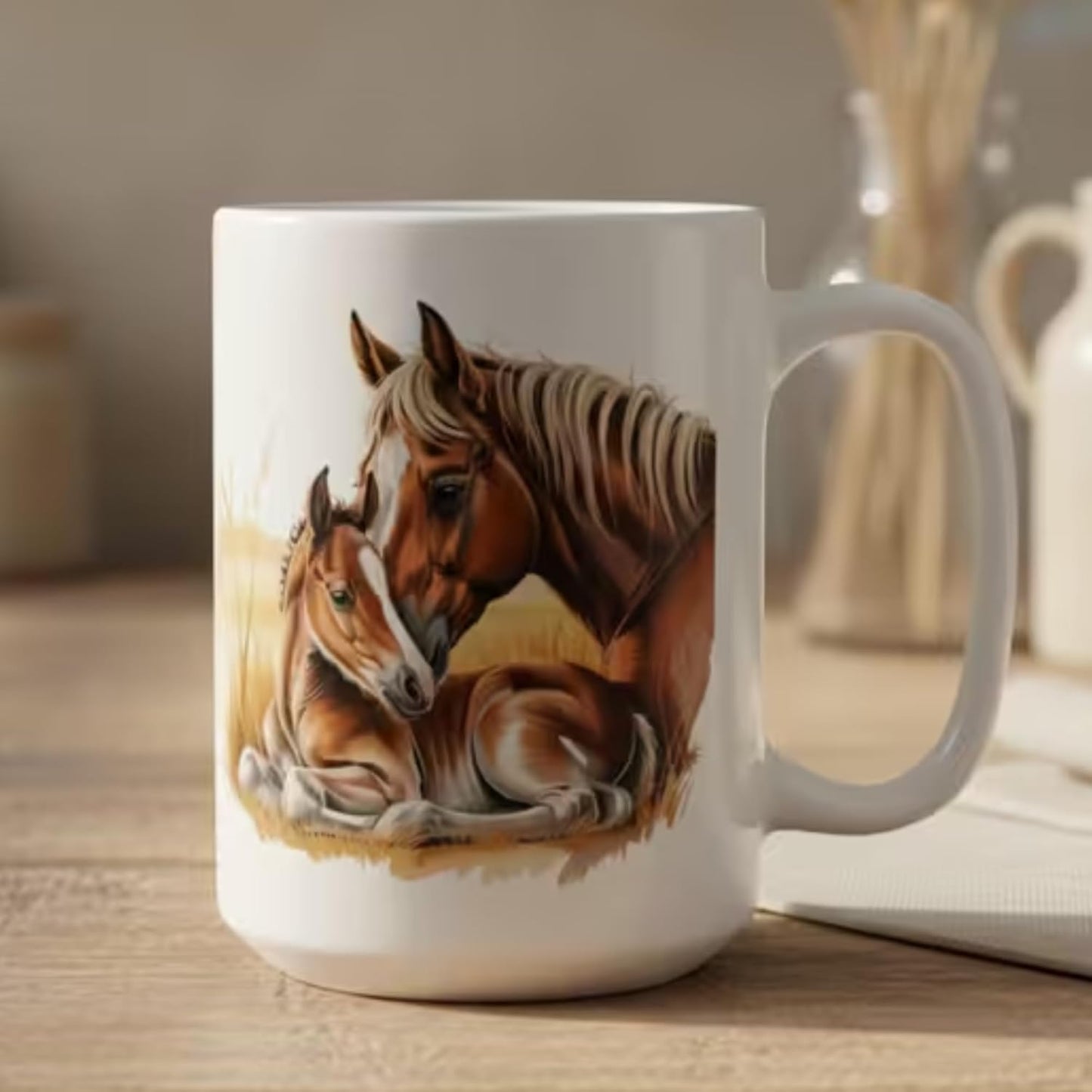 Mother Horse Coffee Mug 15oz Ceramic – Mare and Foal Design – Mother’s Day Gift for Horse Lovers