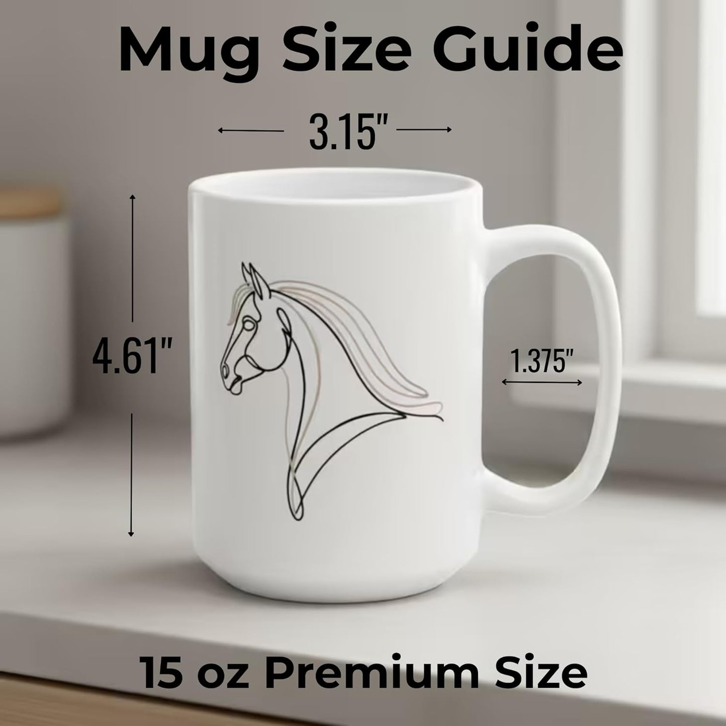 Equestrian Coffee Mug 15oz Ceramic – Minimalist Horse Line Art Design – Elegant Horse Lover Gift