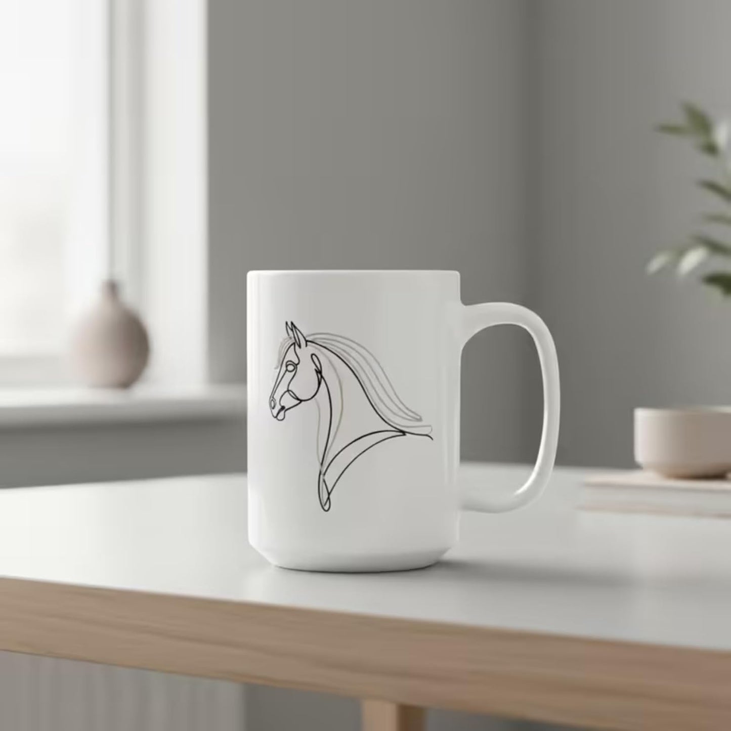 Equestrian Coffee Mug 15oz Ceramic – Minimalist Horse Line Art Design – Elegant Horse Lover Gift