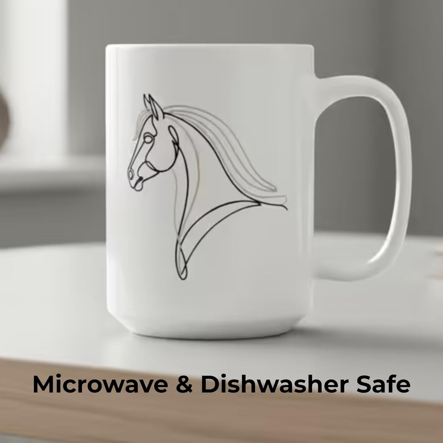 Equestrian Coffee Mug 15oz Ceramic – Minimalist Horse Line Art Design – Elegant Horse Lover Gift