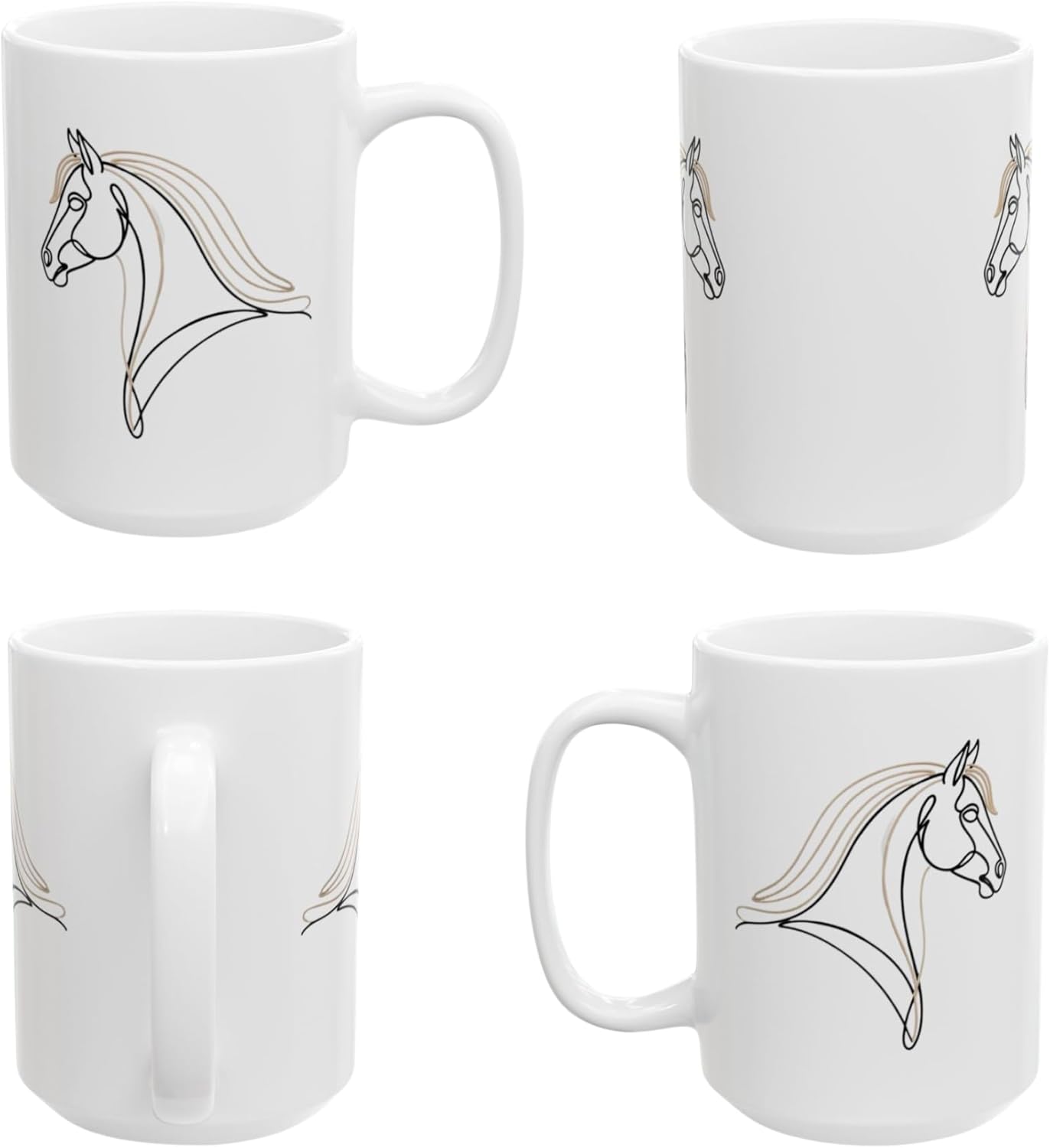 Equestrian Coffee Mug 15oz Ceramic – Minimalist Horse Line Art Design – Elegant Horse Lover Gift