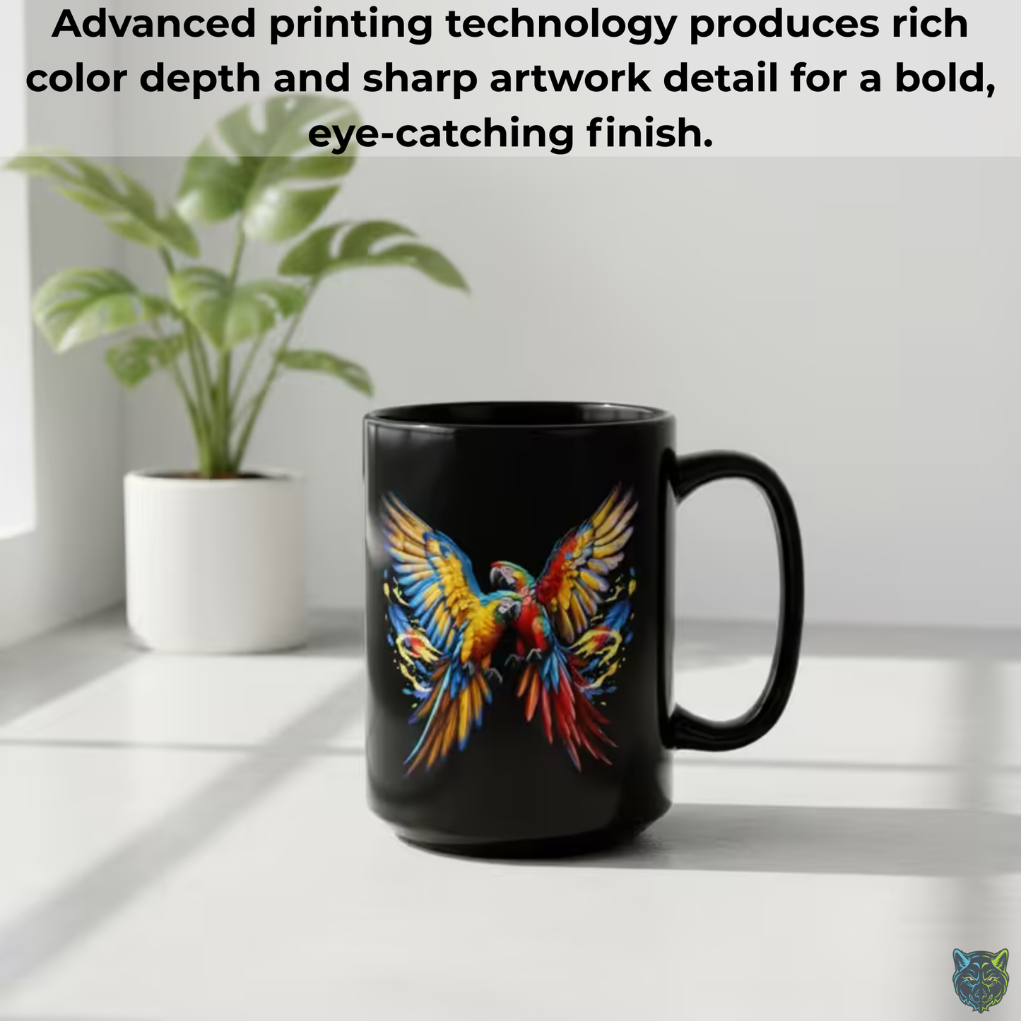 Parrot Coffee Mug Colorful Tropical Bird Design Black Ceramic 15oz Animal Lover Gift by Lair Gadgets