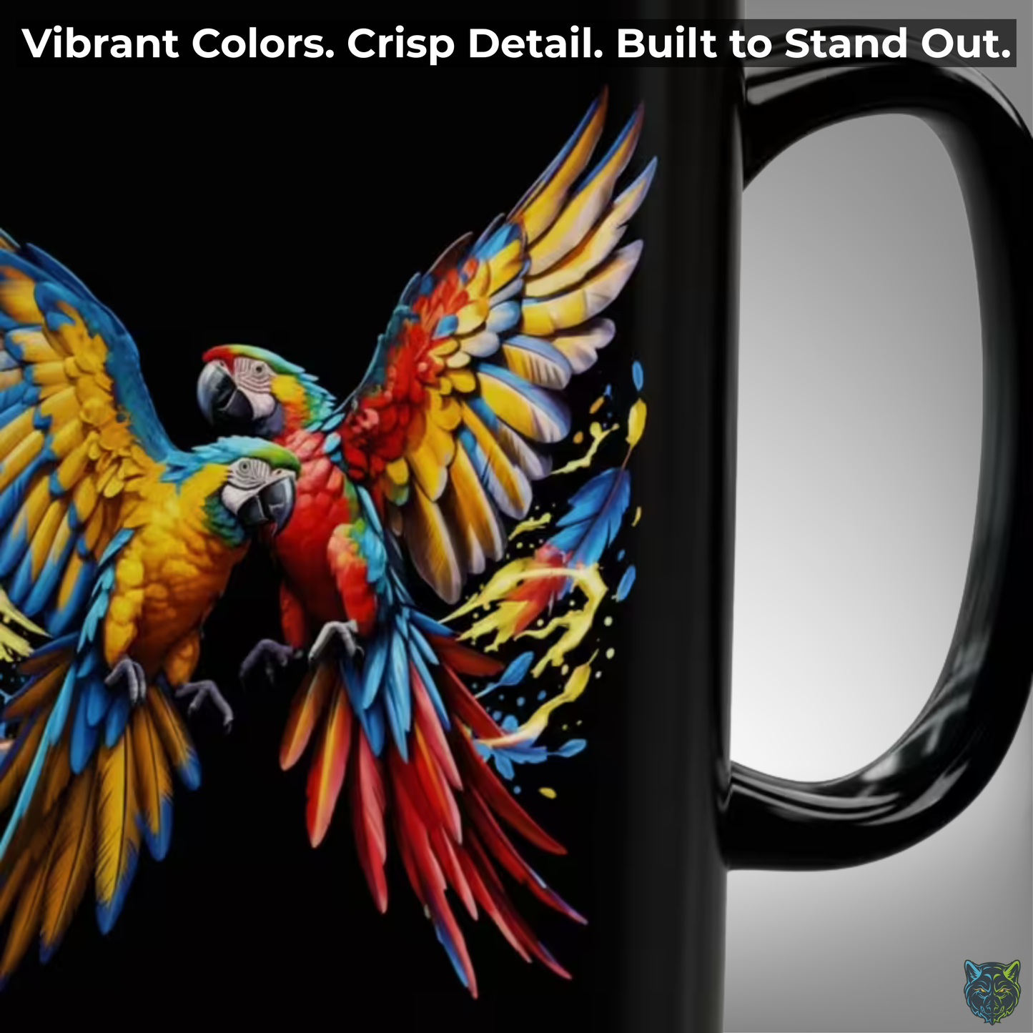 Parrot Coffee Mug Colorful Tropical Bird Design Black Ceramic 15oz Animal Lover Gift by Lair Gadgets