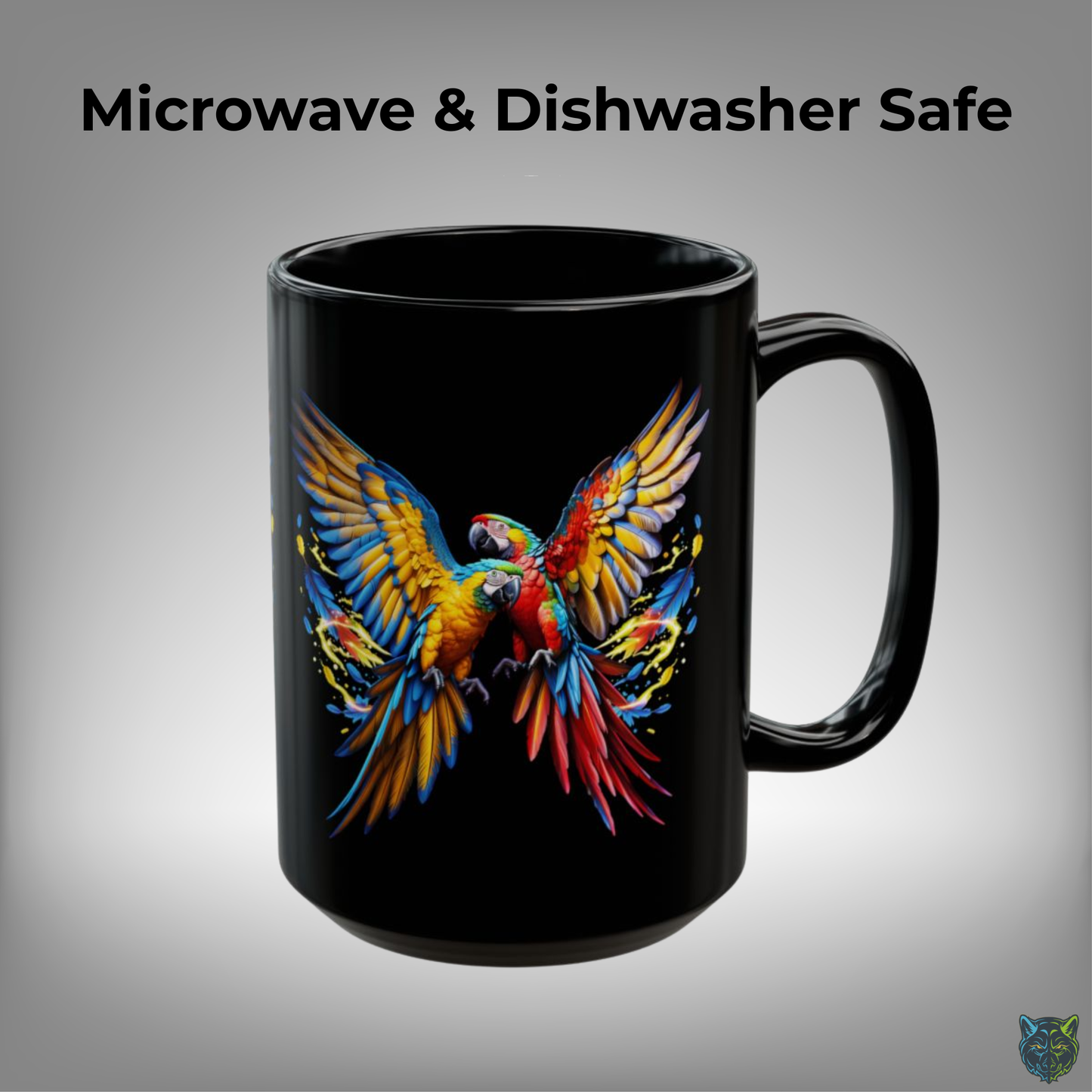 Parrot Coffee Mug Colorful Tropical Bird Design Black Ceramic 15oz Animal Lover Gift by Lair Gadgets