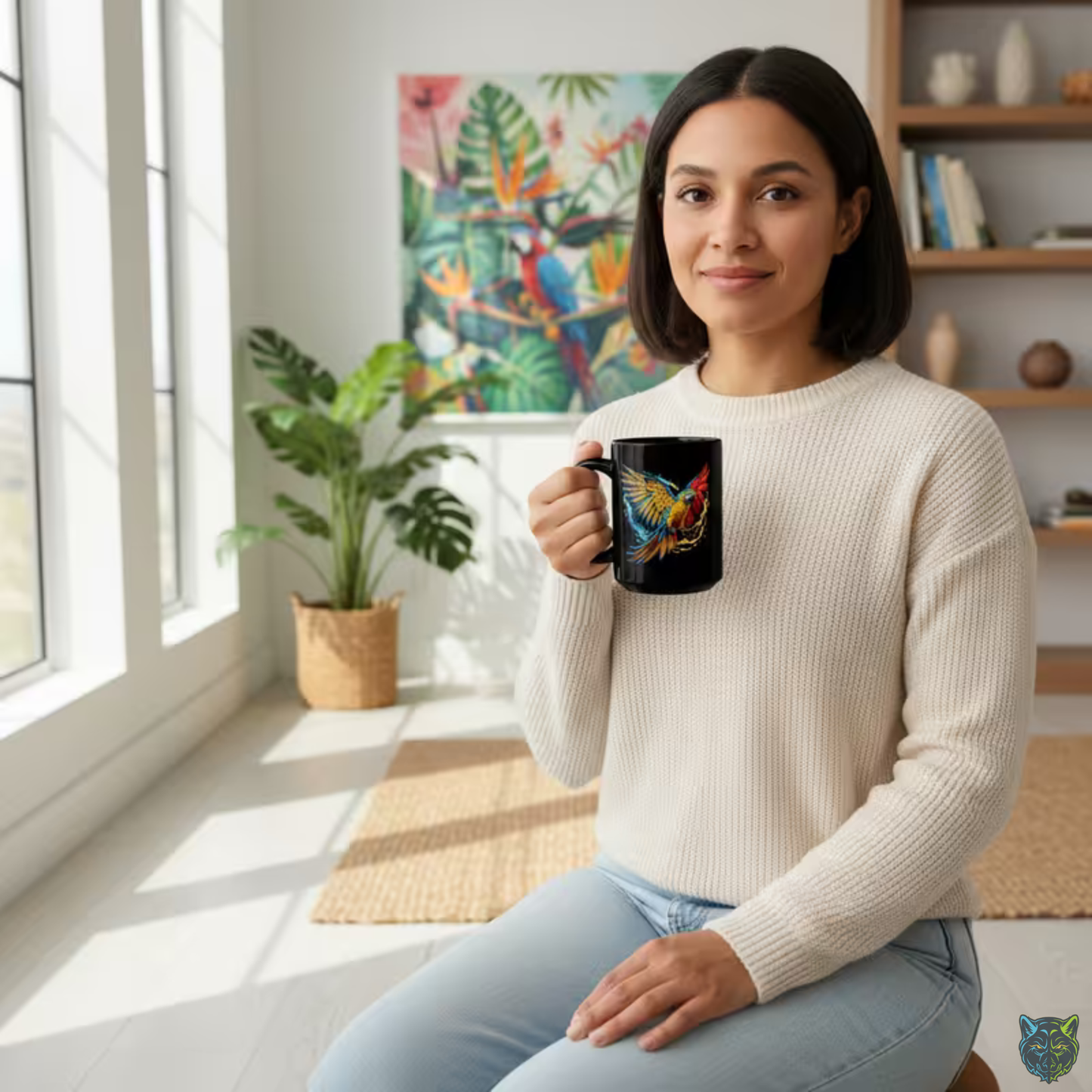 Parrot Coffee Mug Colorful Bird Design Black Ceramic 15oz Tropical Animal Gift by Lair Gadgets