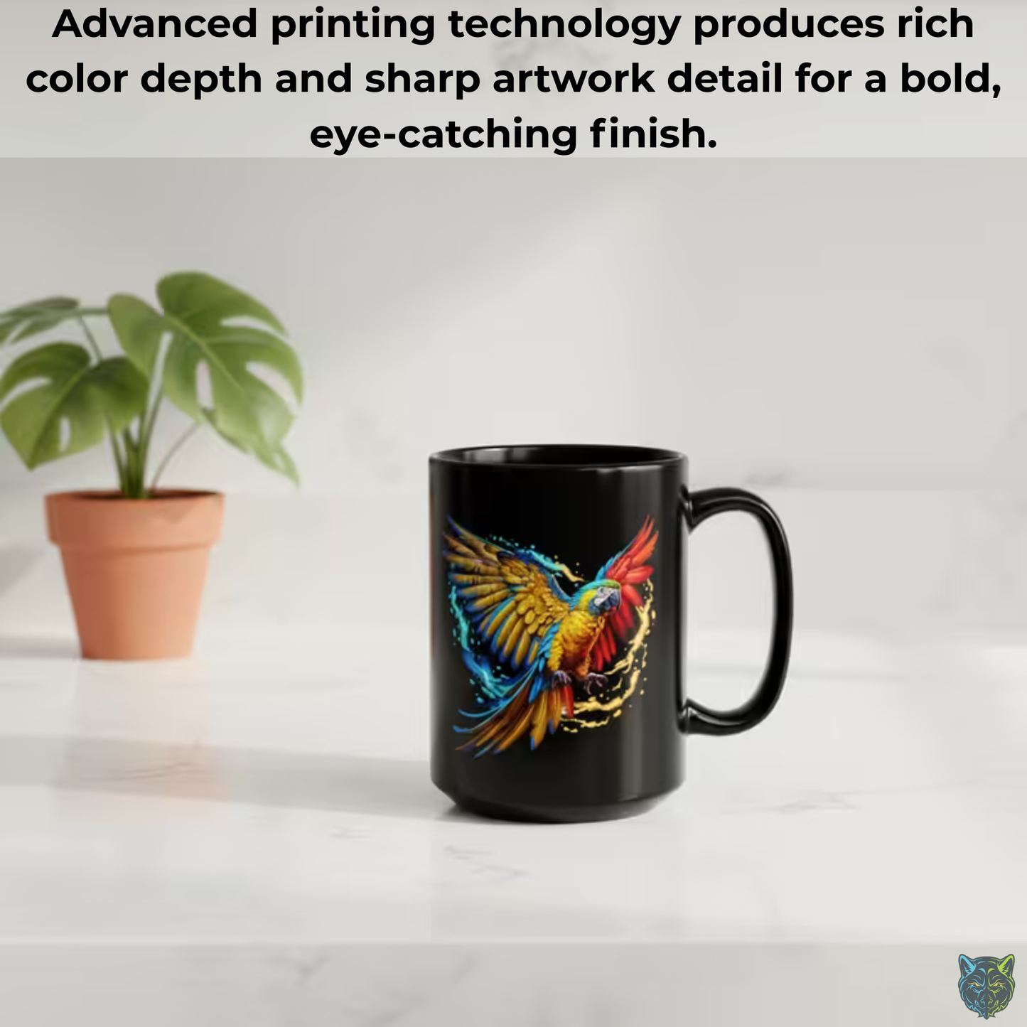 Parrot Coffee Mug Colorful Bird Design Black Ceramic 15oz Tropical Animal Gift by Lair Gadgets