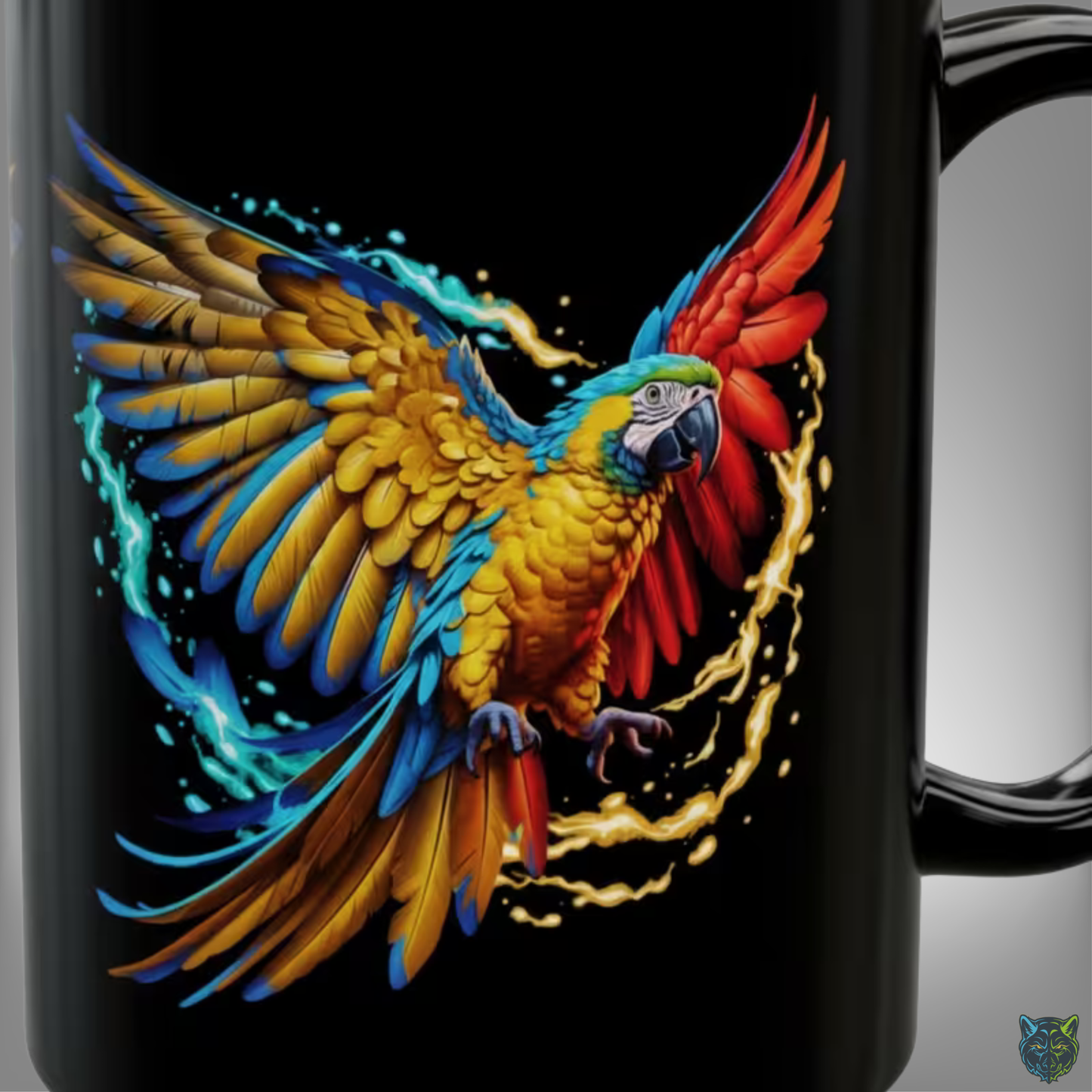 Parrot Coffee Mug Colorful Bird Design Black Ceramic 15oz Tropical Animal Gift by Lair Gadgets