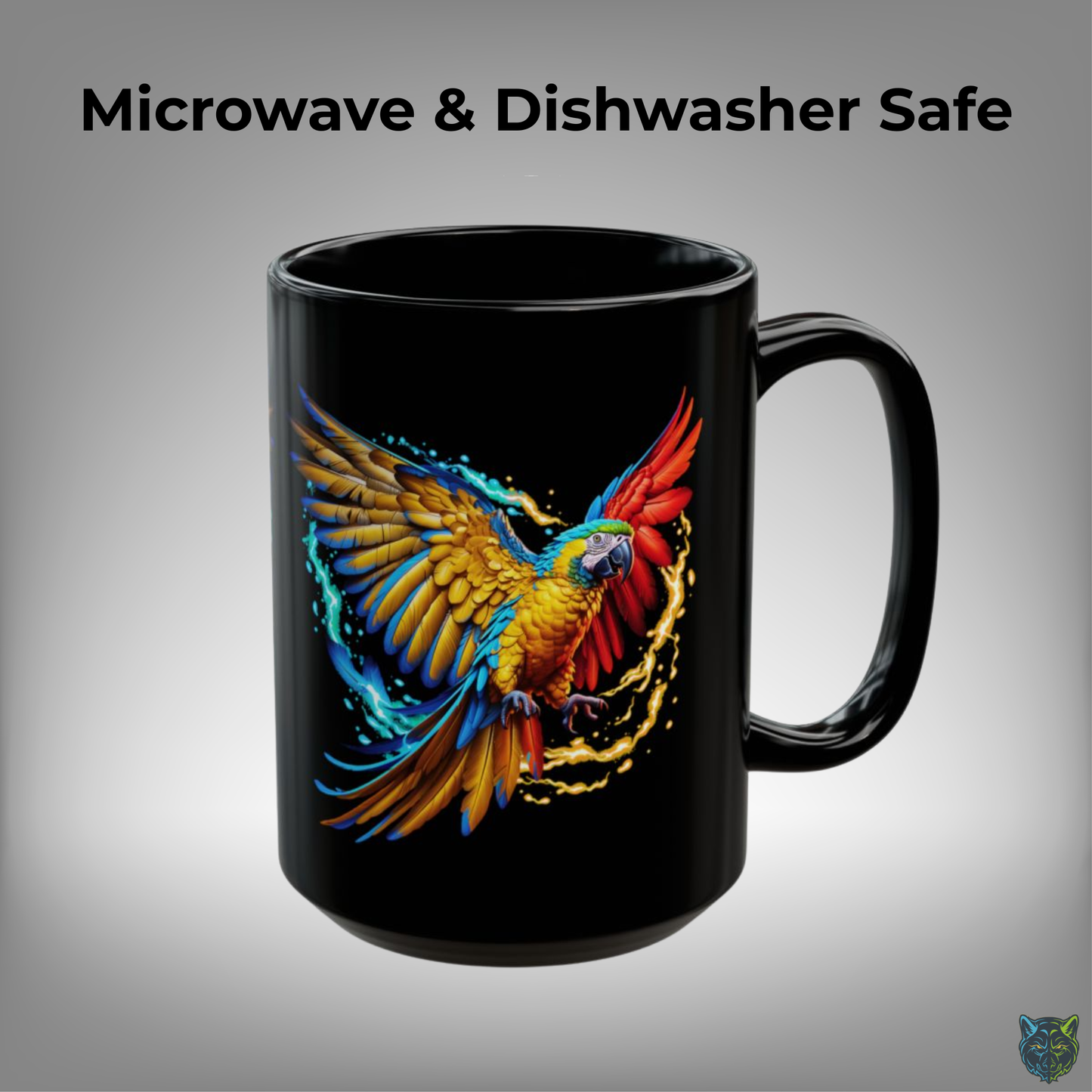 Parrot Coffee Mug Colorful Bird Design Black Ceramic 15oz Tropical Animal Gift by Lair Gadgets