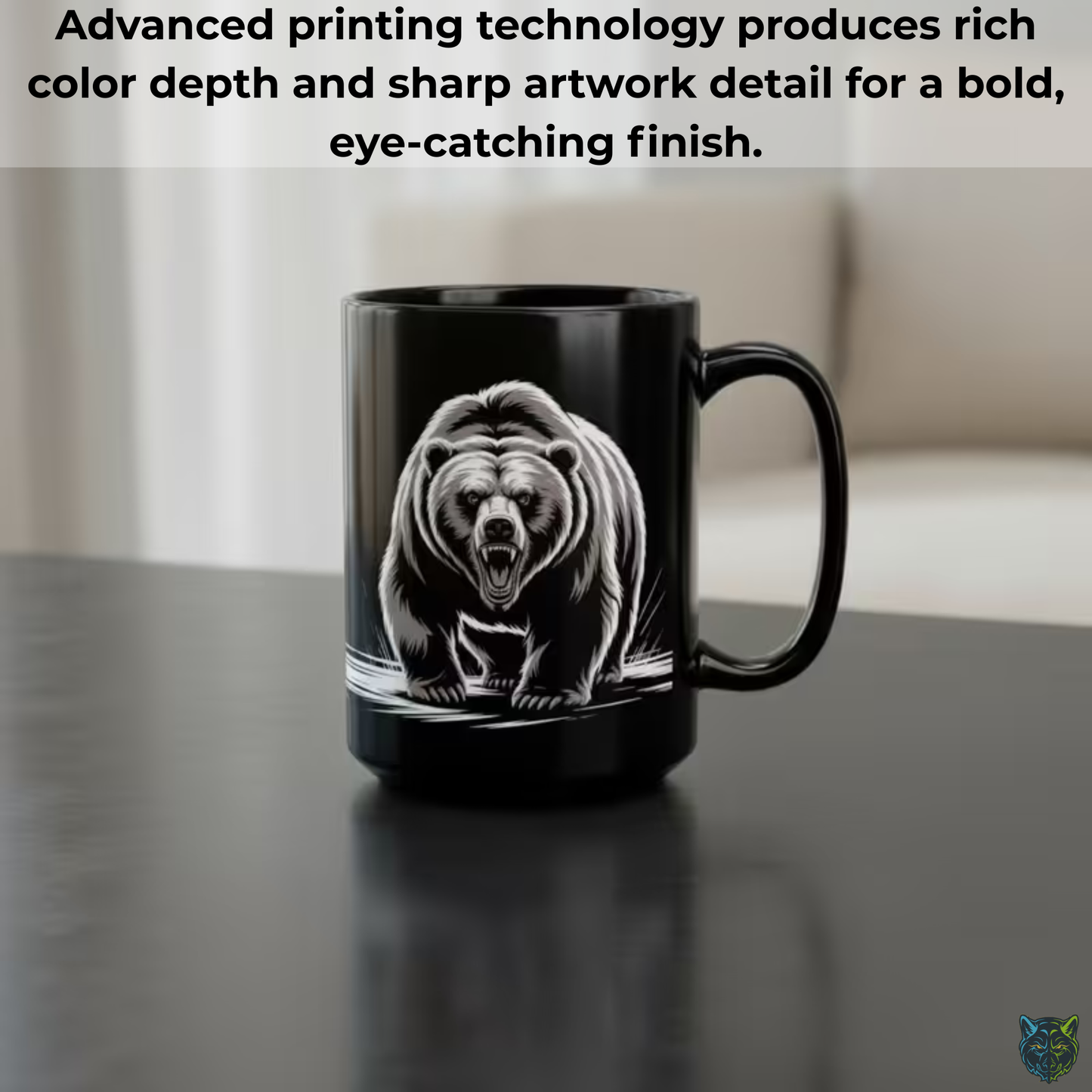 Bear Coffee Mug Roaring Animal Design Black Ceramic 15oz Wildlife Gift by Lair Gadgets