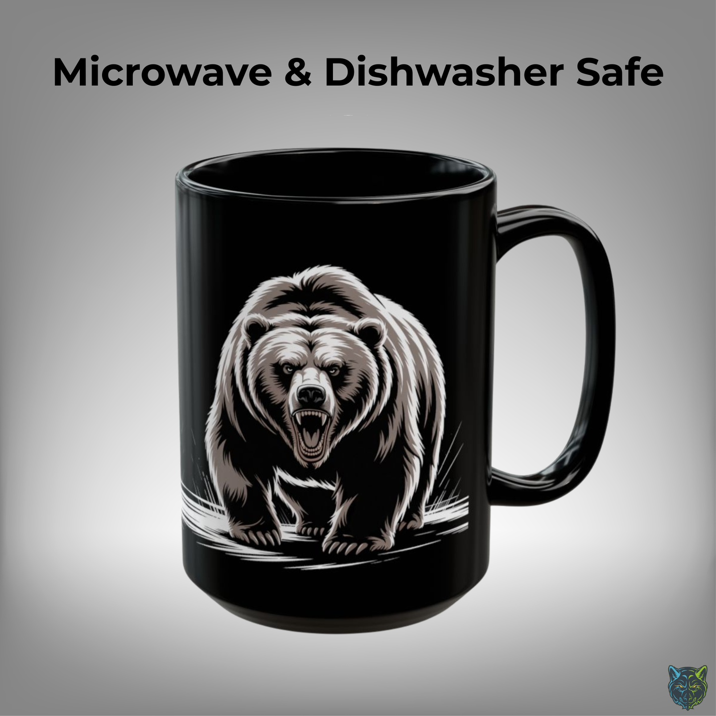 Bear Coffee Mug Roaring Animal Design Black Ceramic 15oz Wildlife Gift by Lair Gadgets