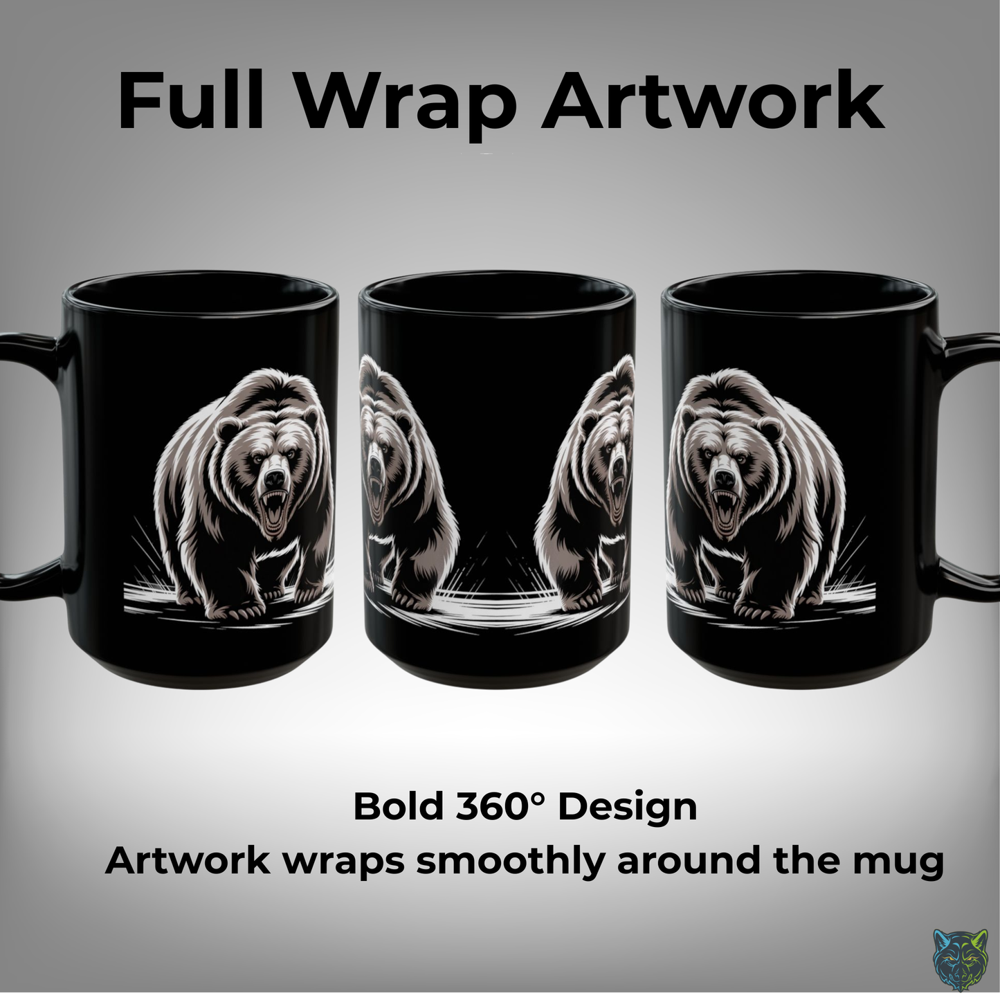 Bear Coffee Mug Roaring Animal Design Black Ceramic 15oz Wildlife Gift by Lair Gadgets