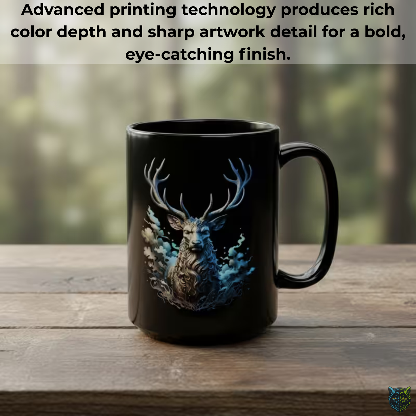 Deer Coffee Mug Stag Wildlife Design Black Ceramic 15oz Animal Lover Gift by Lair Gadgets