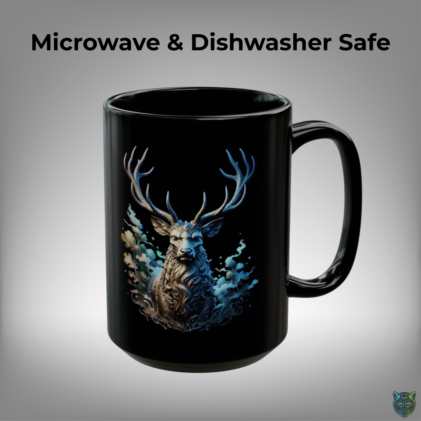 Deer Coffee Mug Stag Wildlife Design Black Ceramic 15oz Animal Lover Gift by Lair Gadgets