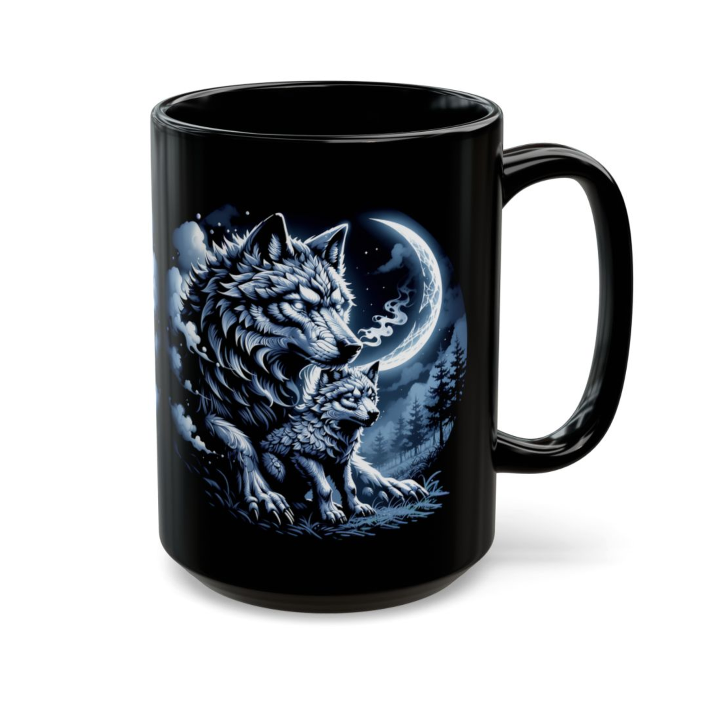 Wolf Coffee Mug Moonlit Forest Wolves Black Ceramic 15oz Wildlife Nature Cup Gift by Lair Gadgets