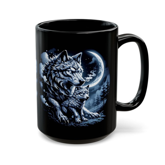 Wolf Coffee Mug Moonlit Forest Wolves Black Ceramic 15oz Wildlife Nature Cup Gift by Lair Gadgets
