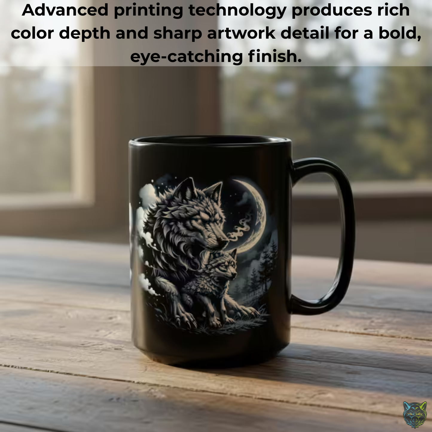 Wolf Coffee Mug Moonlit Forest Wolves Black Ceramic 15oz Wildlife Nature Cup Gift by Lair Gadgets