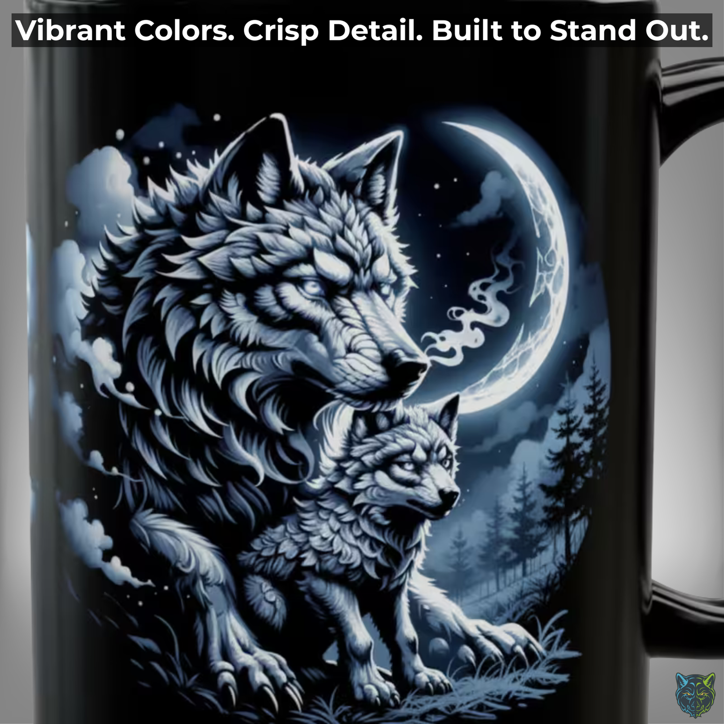 Wolf Coffee Mug Moonlit Forest Wolves Black Ceramic 15oz Wildlife Nature Cup Gift by Lair Gadgets