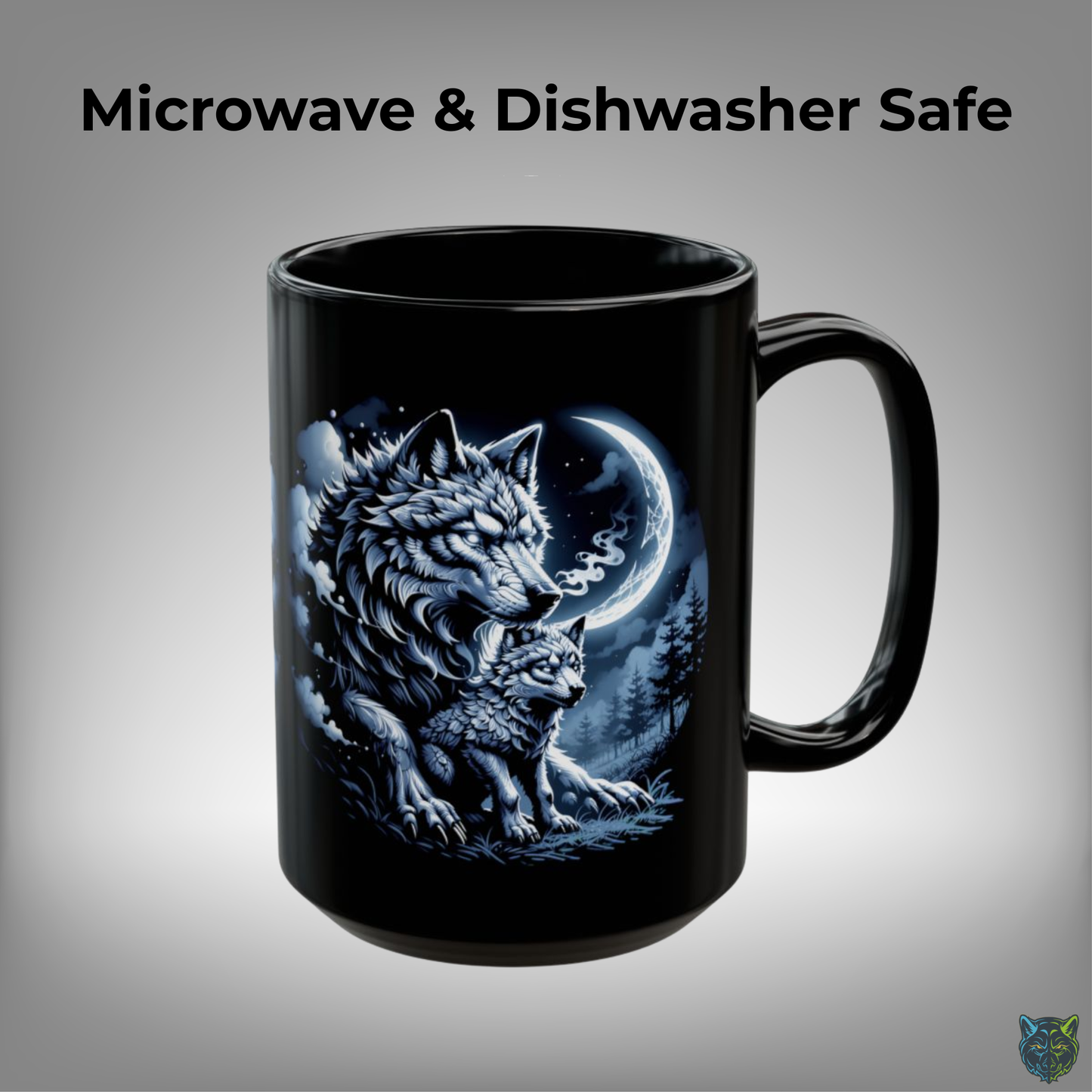 Wolf Coffee Mug Moonlit Forest Wolves Black Ceramic 15oz Wildlife Nature Cup Gift by Lair Gadgets