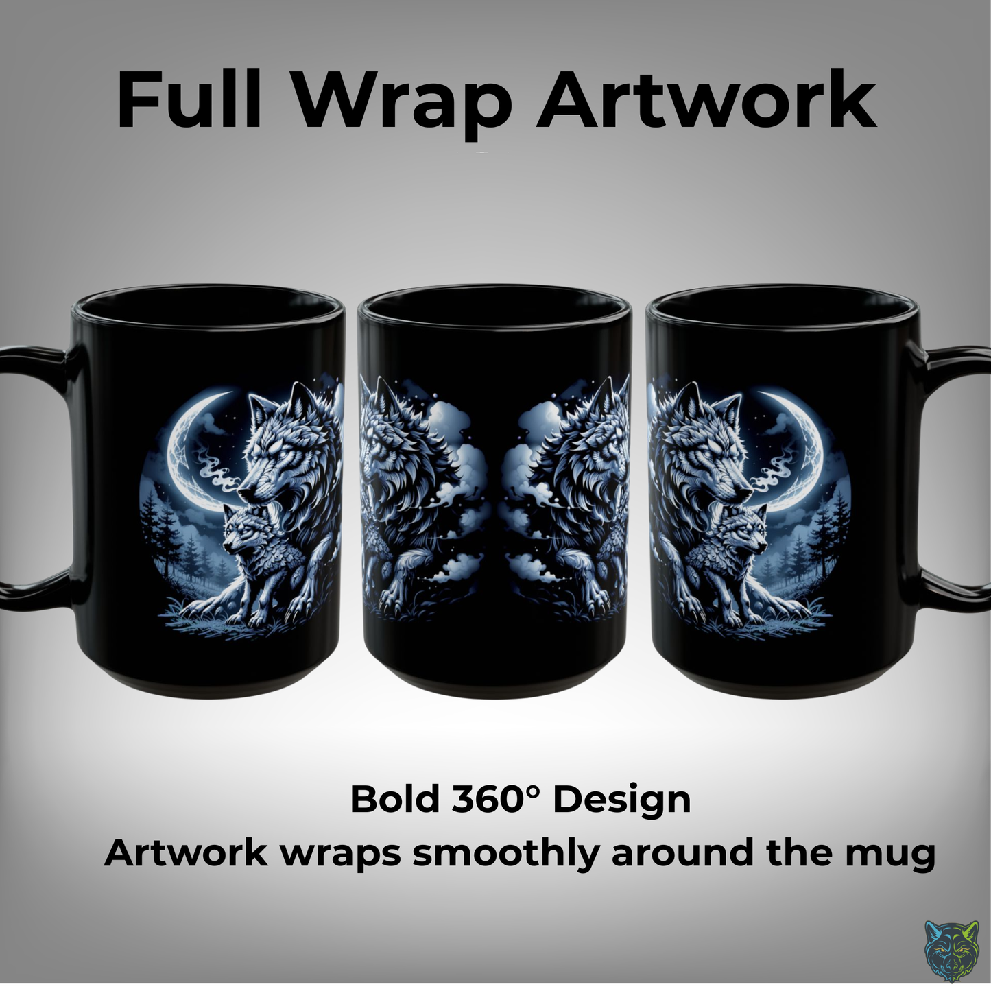 Wolf Coffee Mug Moonlit Forest Wolves Black Ceramic 15oz Wildlife Nature Cup Gift by Lair Gadgets