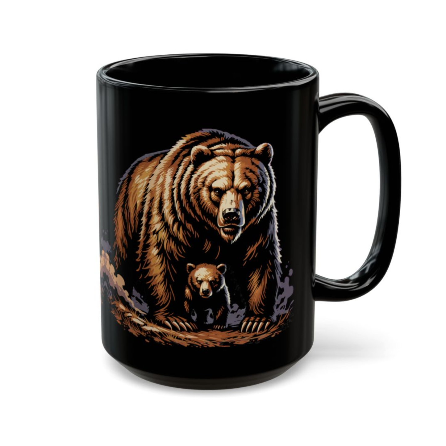 Bear Coffee Mug Mama Bear Cub Black Ceramic 15oz Wildlife Nature Cup Gift by Lair Gadgets
