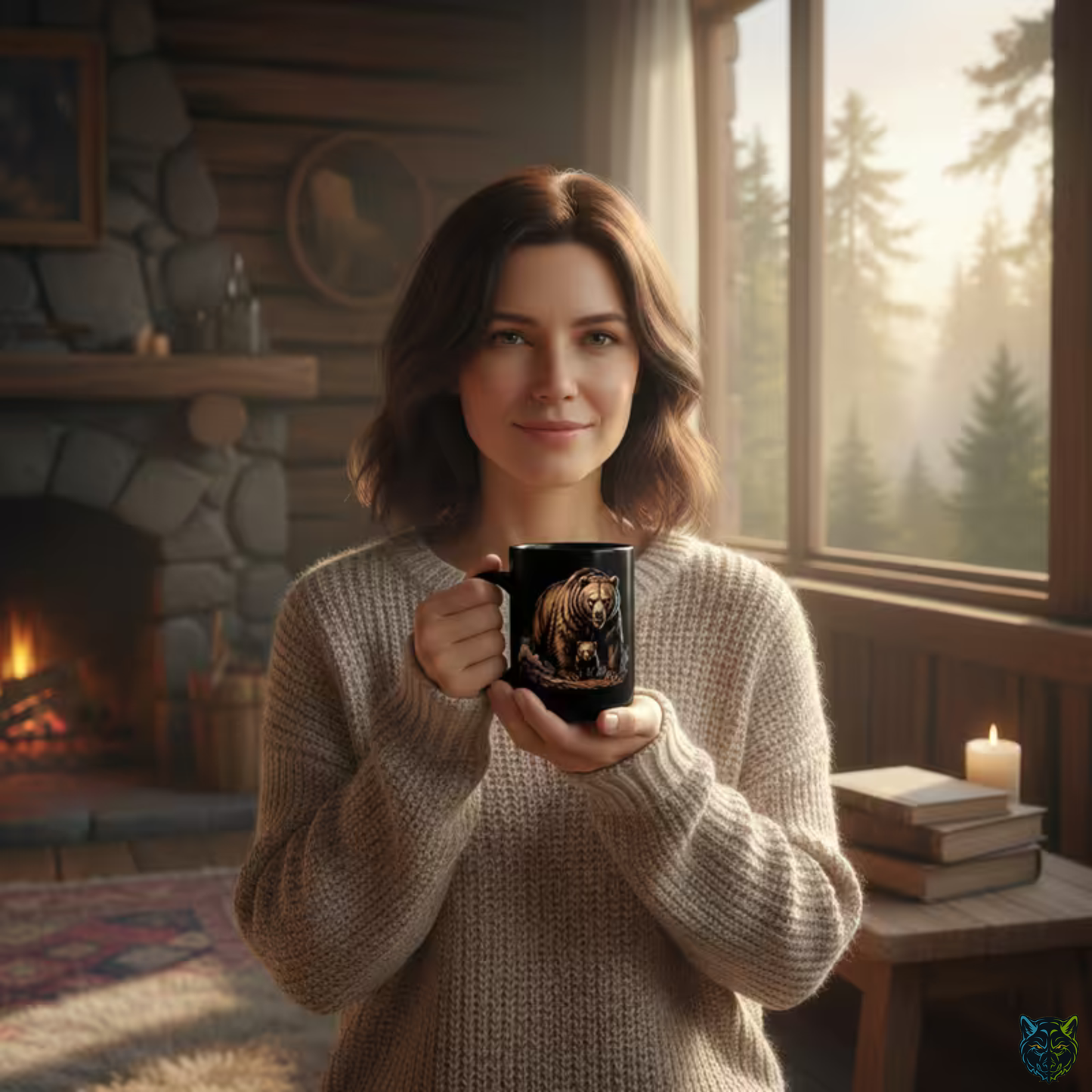 Bear Coffee Mug Mama Bear Cub Black Ceramic 15oz Wildlife Nature Cup Gift by Lair Gadgets