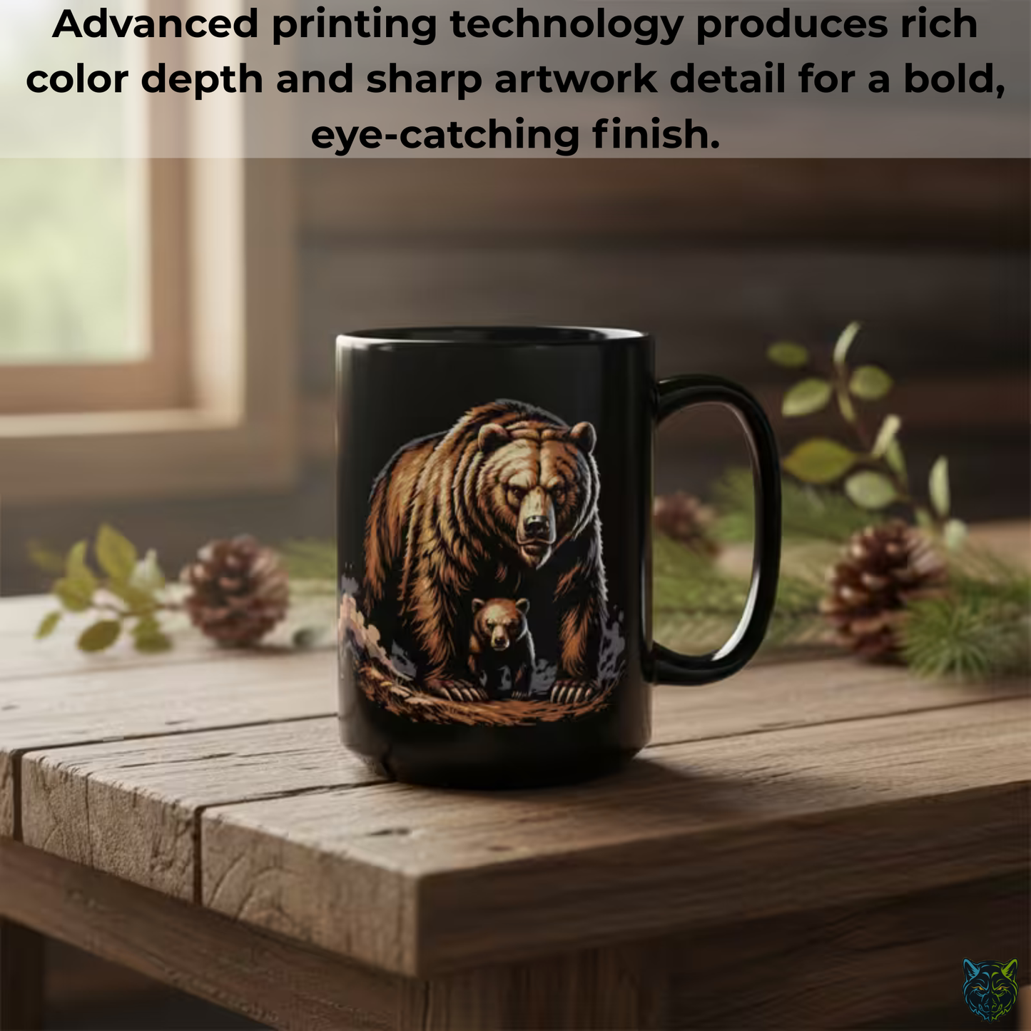 Bear Coffee Mug Mama Bear Cub Black Ceramic 15oz Wildlife Nature Cup Gift by Lair Gadgets